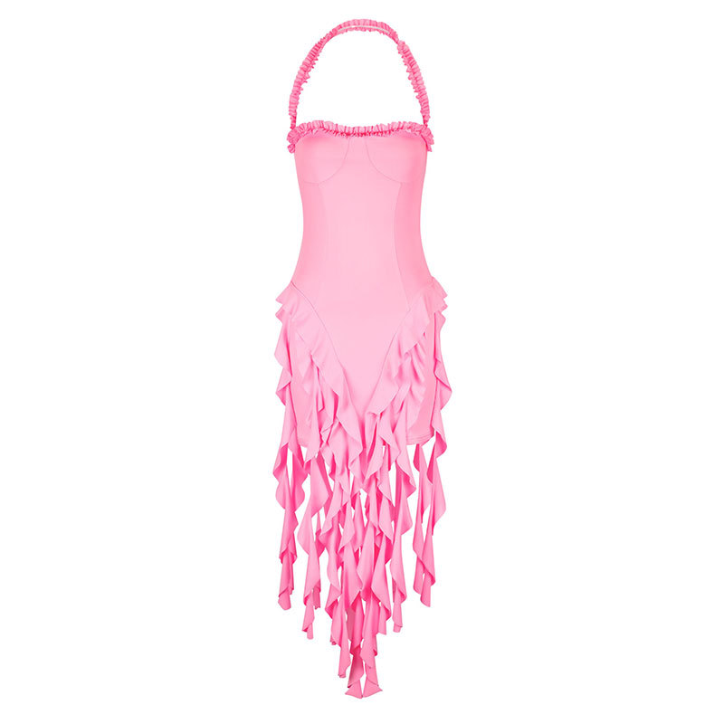 Tie-Neck Fringe Fitted Evening Dress