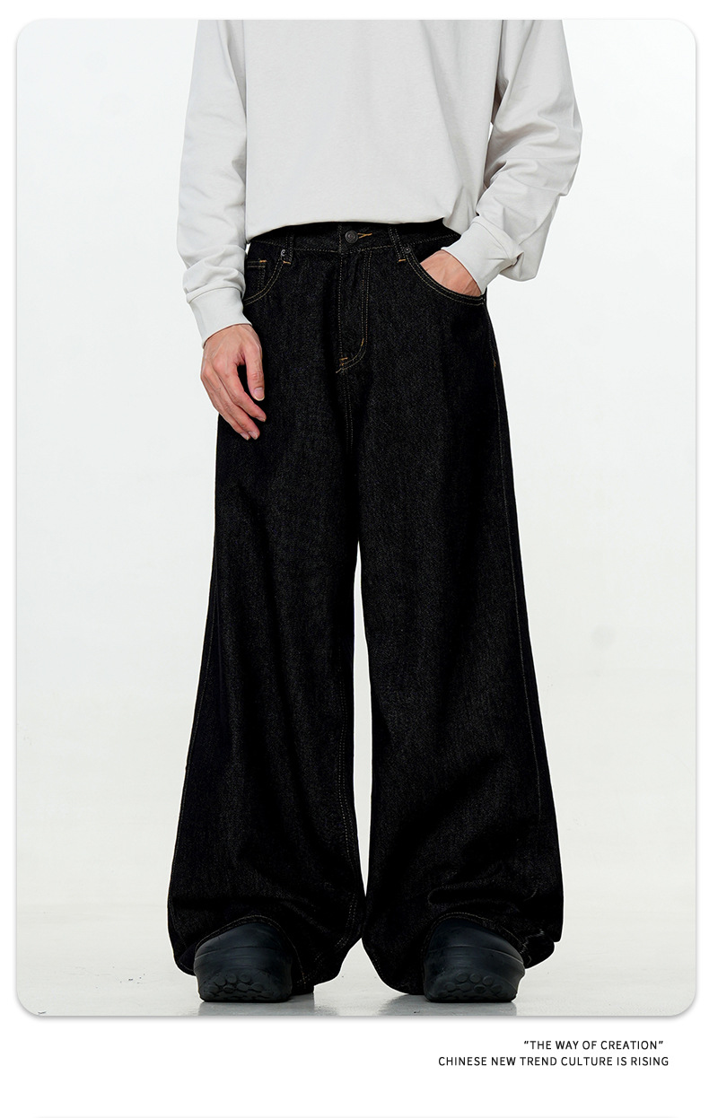 Black Soft Denim Pants Vintage Straight Simple Trendy Original Color Loose Casual Long Pants