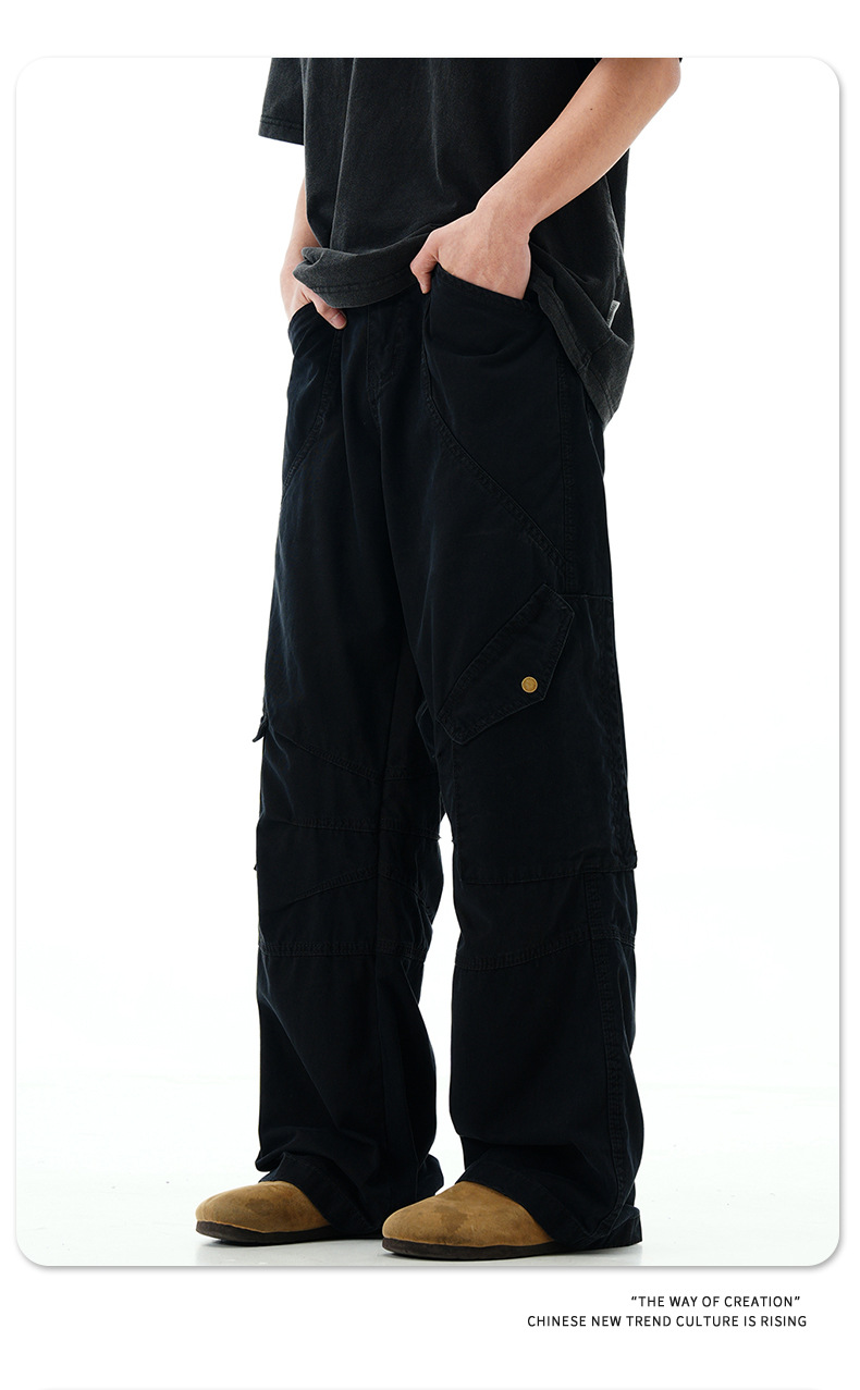Work Pants with Adjustable Waistband and Large Pockets - Straight Leg Casual Trousers