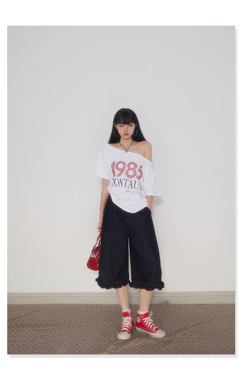 Women's Loose Trousers Straight Denim Pants with Lace Hem Casual Wide Leg Pants