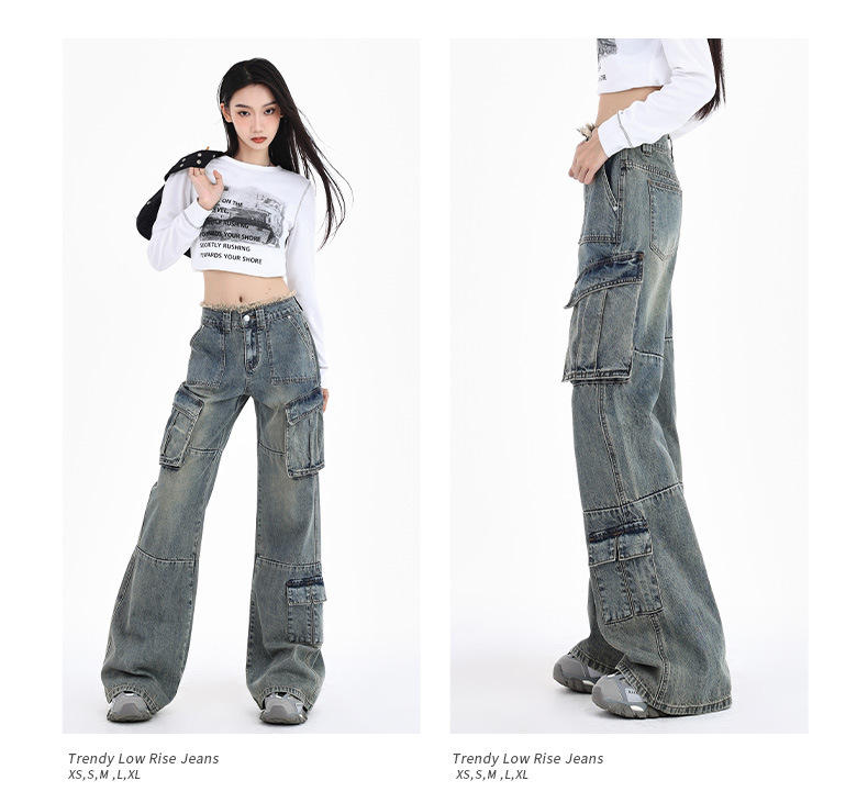 Women's Workwear Denim Pants High Waist Slim Wide Leg Floor-Length Trousers