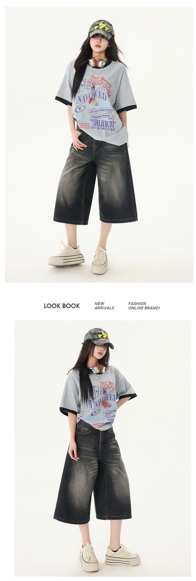 Women's Washed Seven-Quarter Denim Pants Loose Straight Wide-Leg Mid-Length Trousers