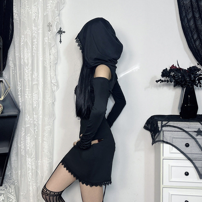 High Waist Hooded Fitted Jacquard Dress