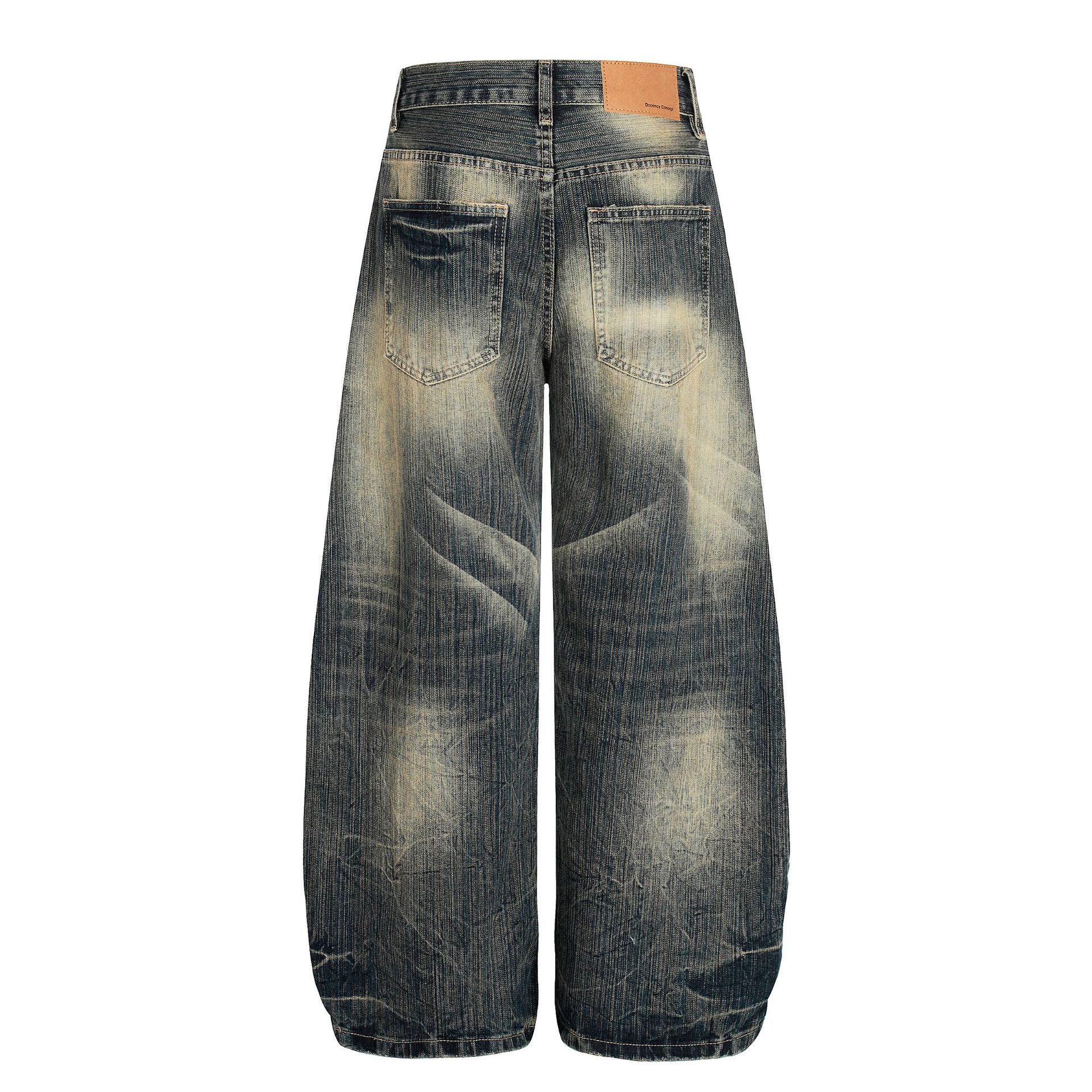 Street Vintage Washed Bamboo Texture Design Loose Wide-Leg Denim Pants for Men and Women
