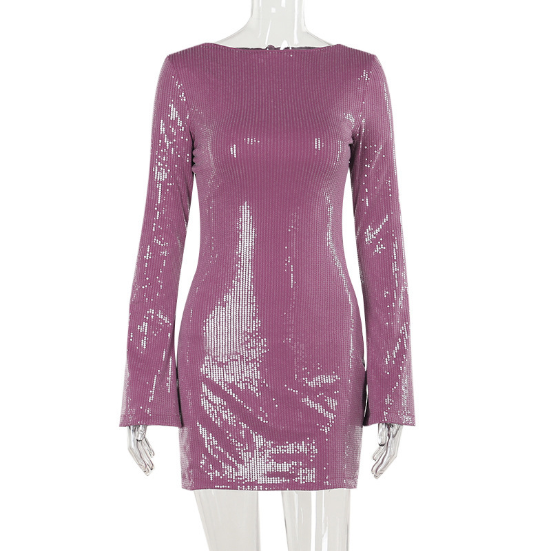 Sparkly Open Back Bodycon Full Sleeve Mini Dress