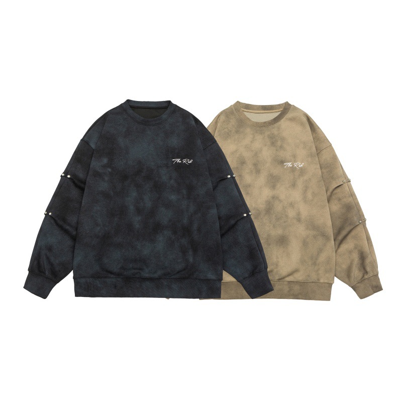 Oversized Long Sleeve Washed Letter Print Studded Hoodie