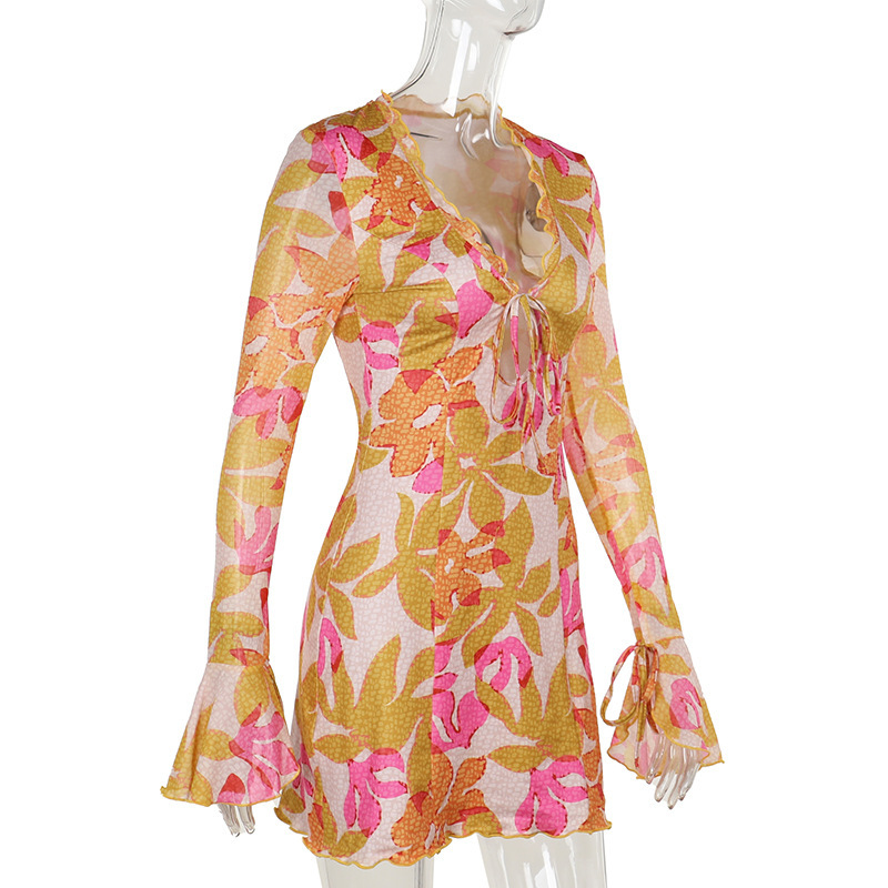 Ladies Tailored V-Neck Full-Length Sleeve Patterned Polyester Dress