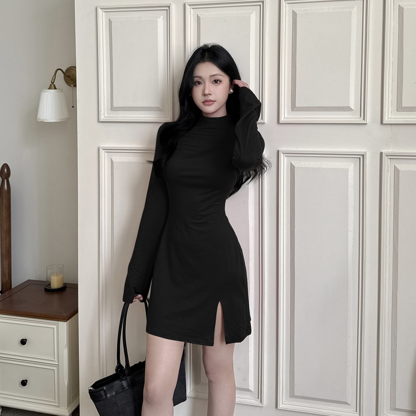 Mock Collar Solid Split Hem Bodycon Dress