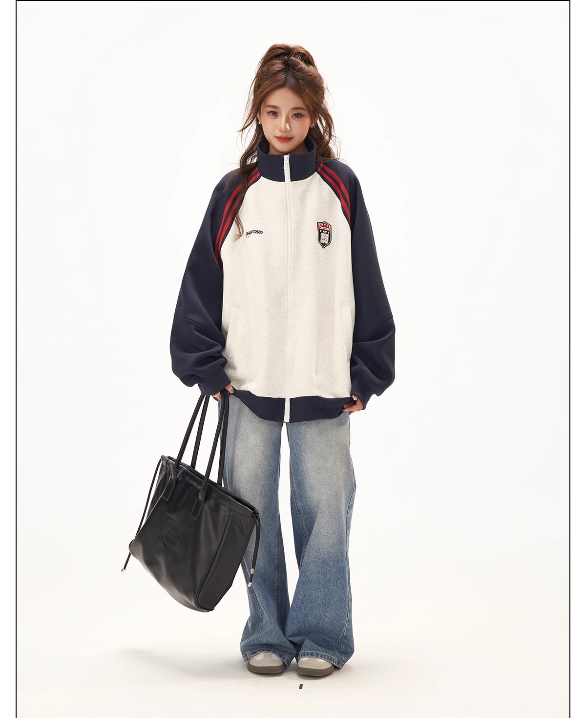 Retro Jacket for Women, High-End Patchwork Raglan Sleeve Hoodie Cardigan, Versatile Stand-Up Collar Top