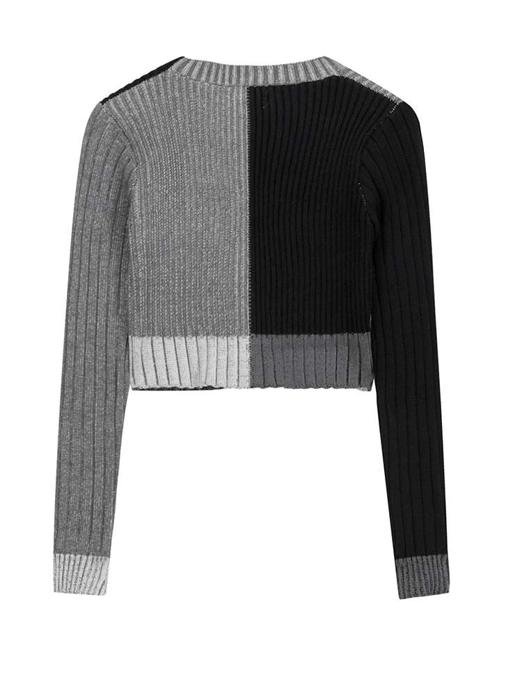 Black Color-block Short Knitting Cardigan Sweater V-Neck Long Sleeve Women New Fashion Trend Autumn Winter