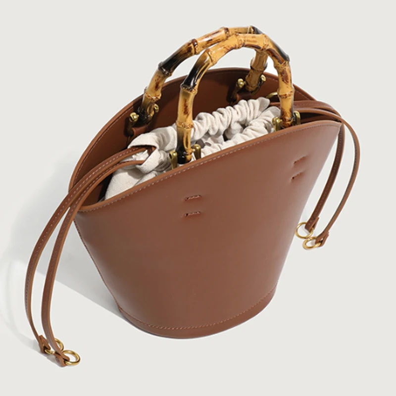 New design bucket bag fashion bamboo handle soft leather women bag single shoulder crossbody bag