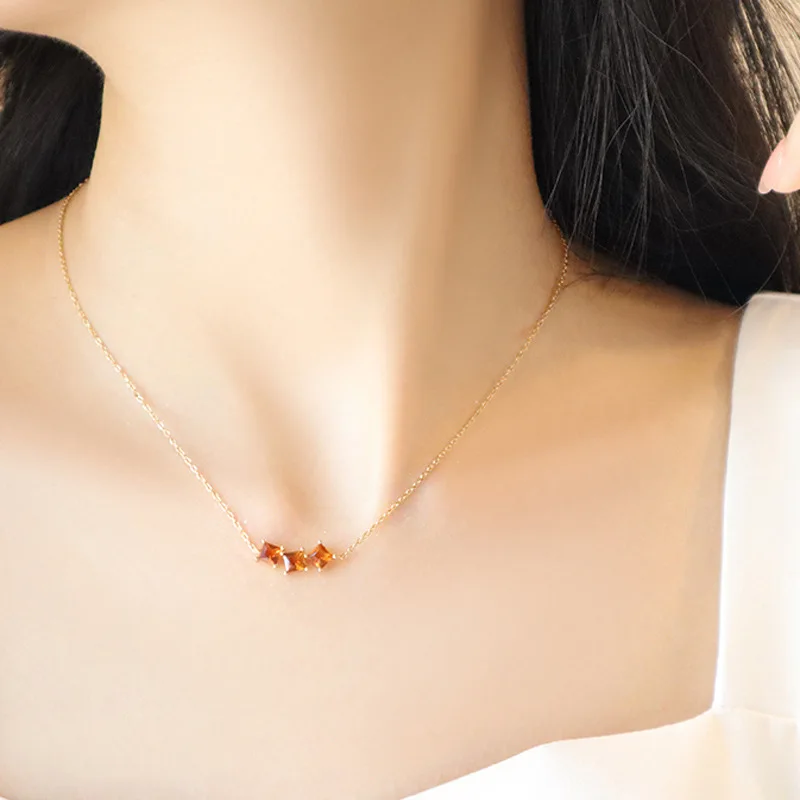 Real 925 Sterling Silver Geometric Vintage Orange Square Zircon Pendant Necklace 14k Gold Plating Wedding Jewelry
