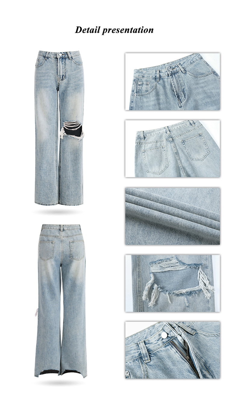 Light Blue Distressed Wide-Leg Jeans Women Retro Design Loose Straight Pants High Street