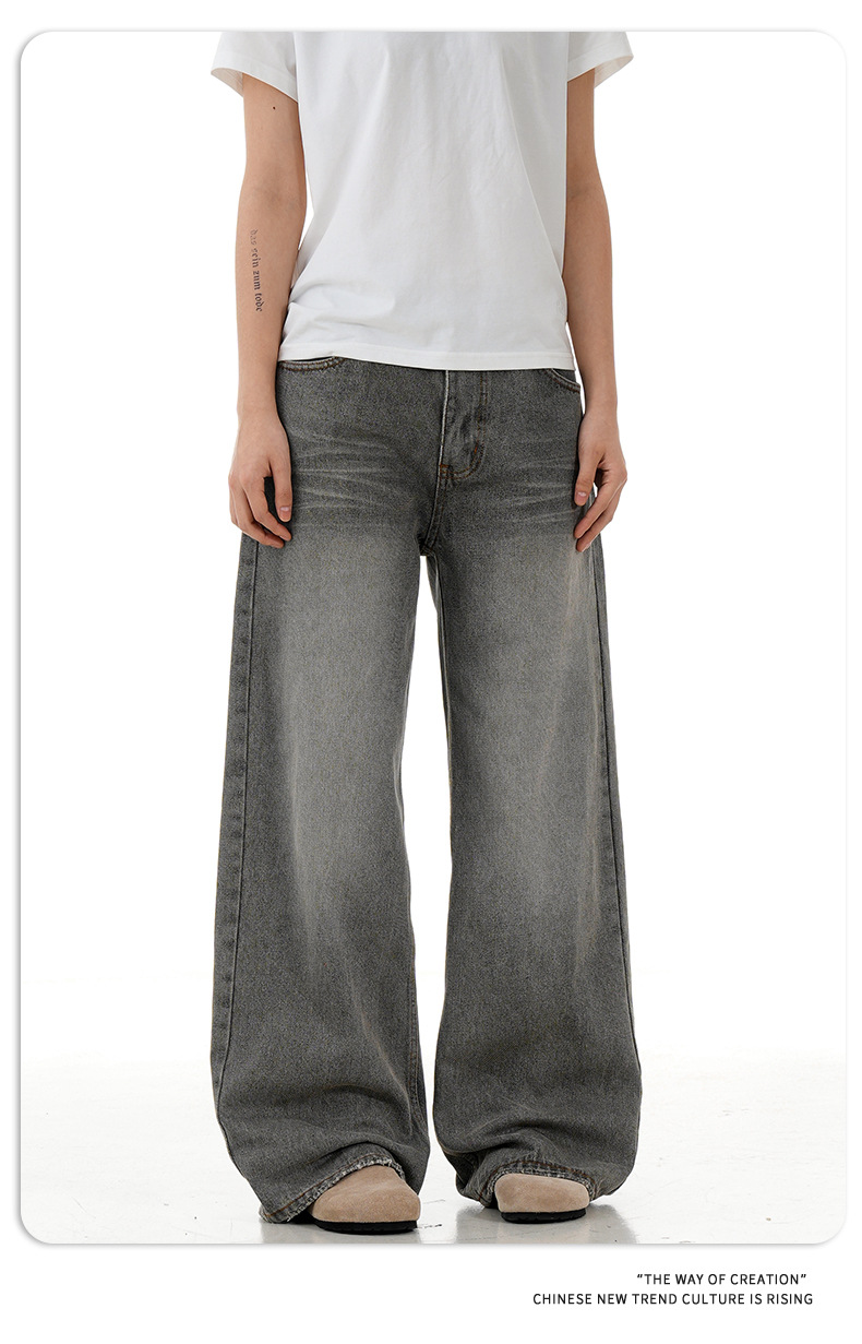 Grey Denim Pants for Men and Women Vintage Straight Leg Loose Casual Long Pants