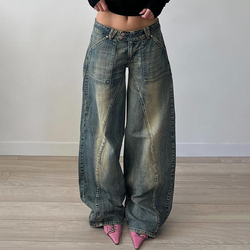 Low waist irregular split line pocket jeans