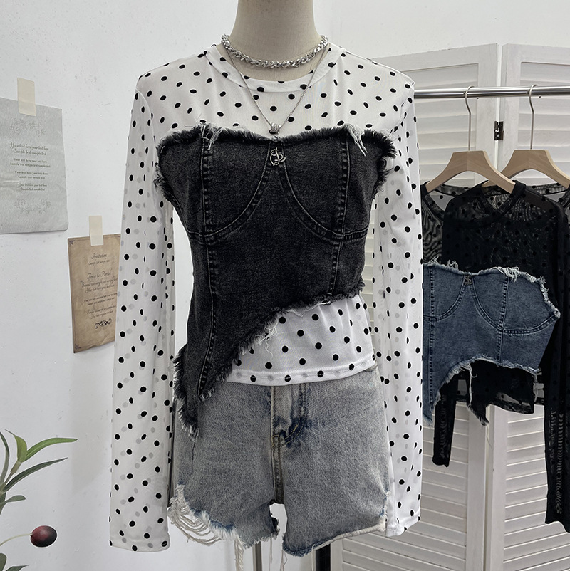 Asymmetric Distressed Jean Tailored Cropped Wrist-Length Tee