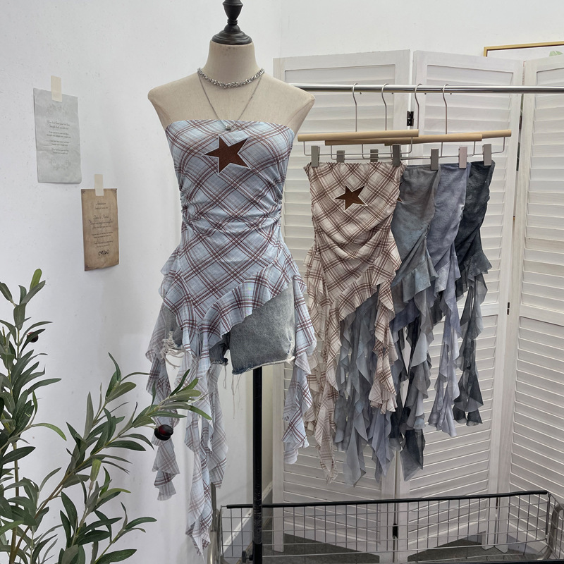 Sultry Asymmetric Plaid Mesh Strapless Top
