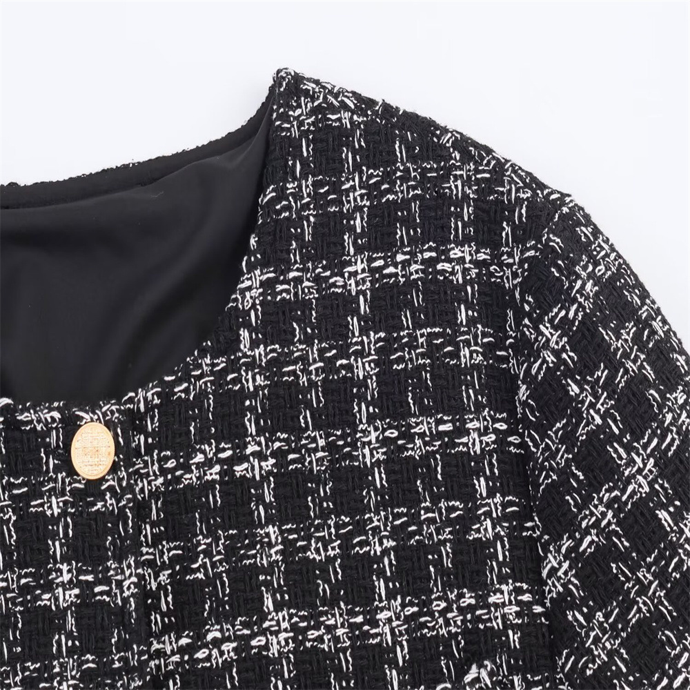 Round neck single breasted plaid woolen dress for women