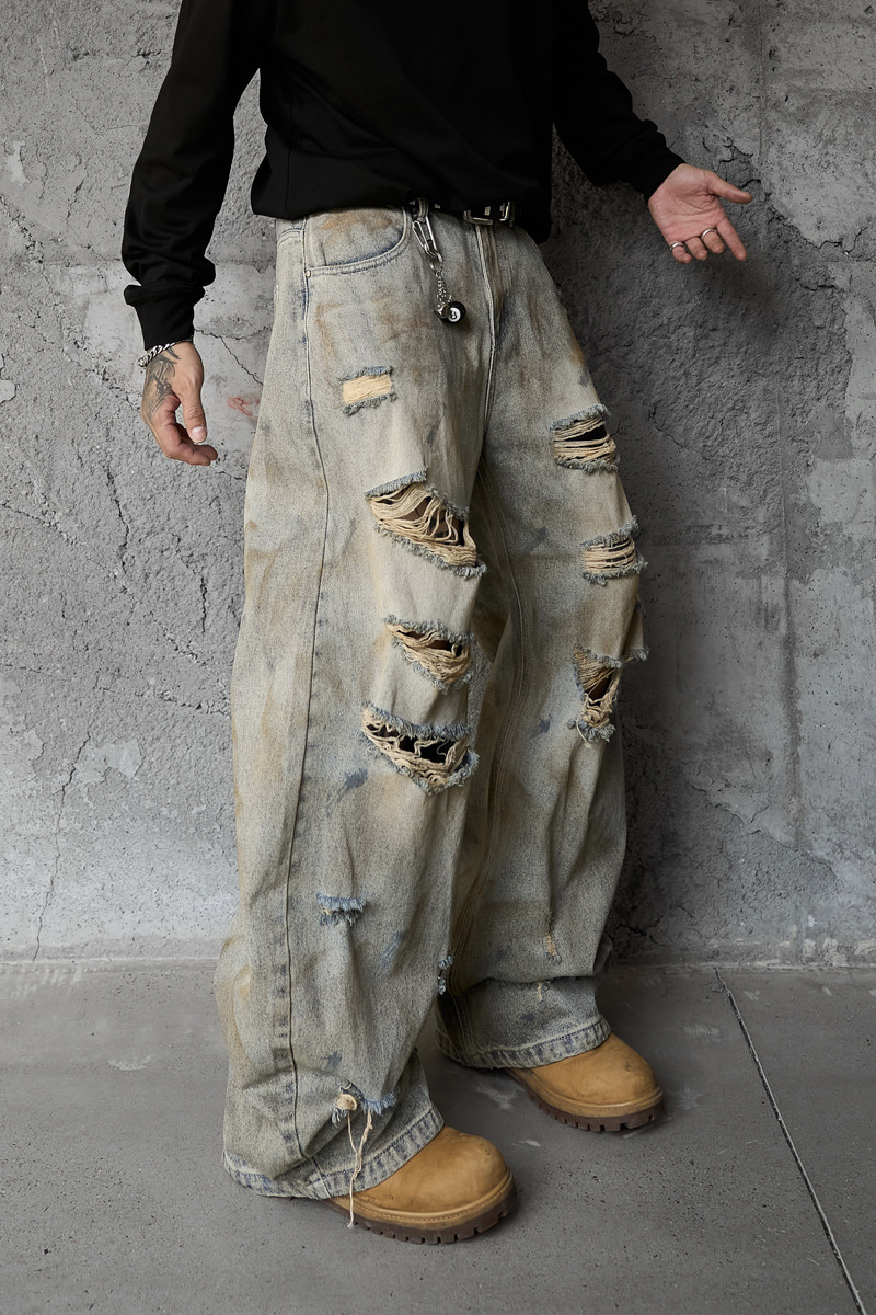 Style Casual Knife-Shape Pants Men Loose Straight Leg Distressed Autumn Fashion Vintage Ripped Jeans