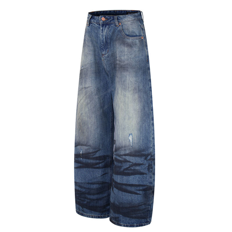 Street Style Vintage Distressed Washed Knife-Edge Denim Pants, Hip-Hop Casual Loose Ripped Straight Leg Jeans