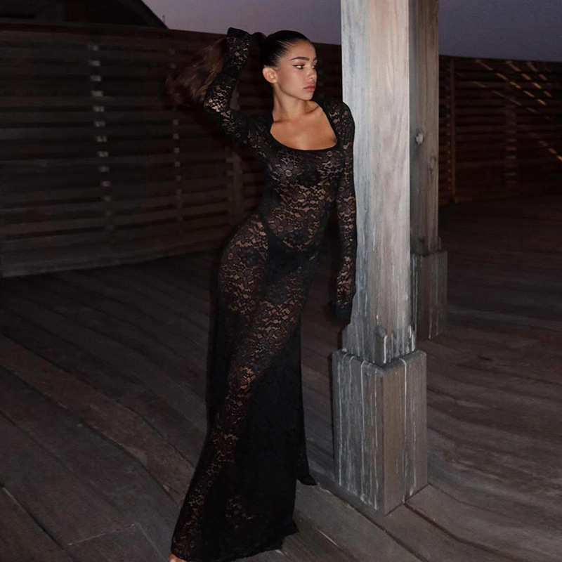Square Neck Full Sleeve Split Dress