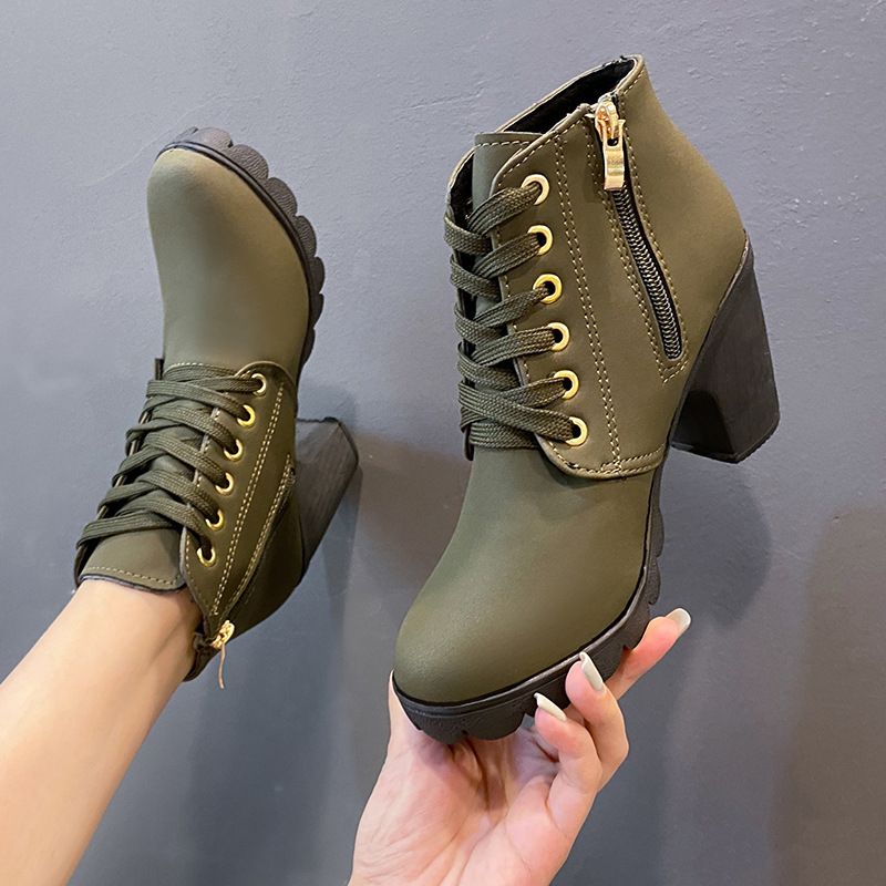 High heels belt buckles thick heels round toe Martin boots for women