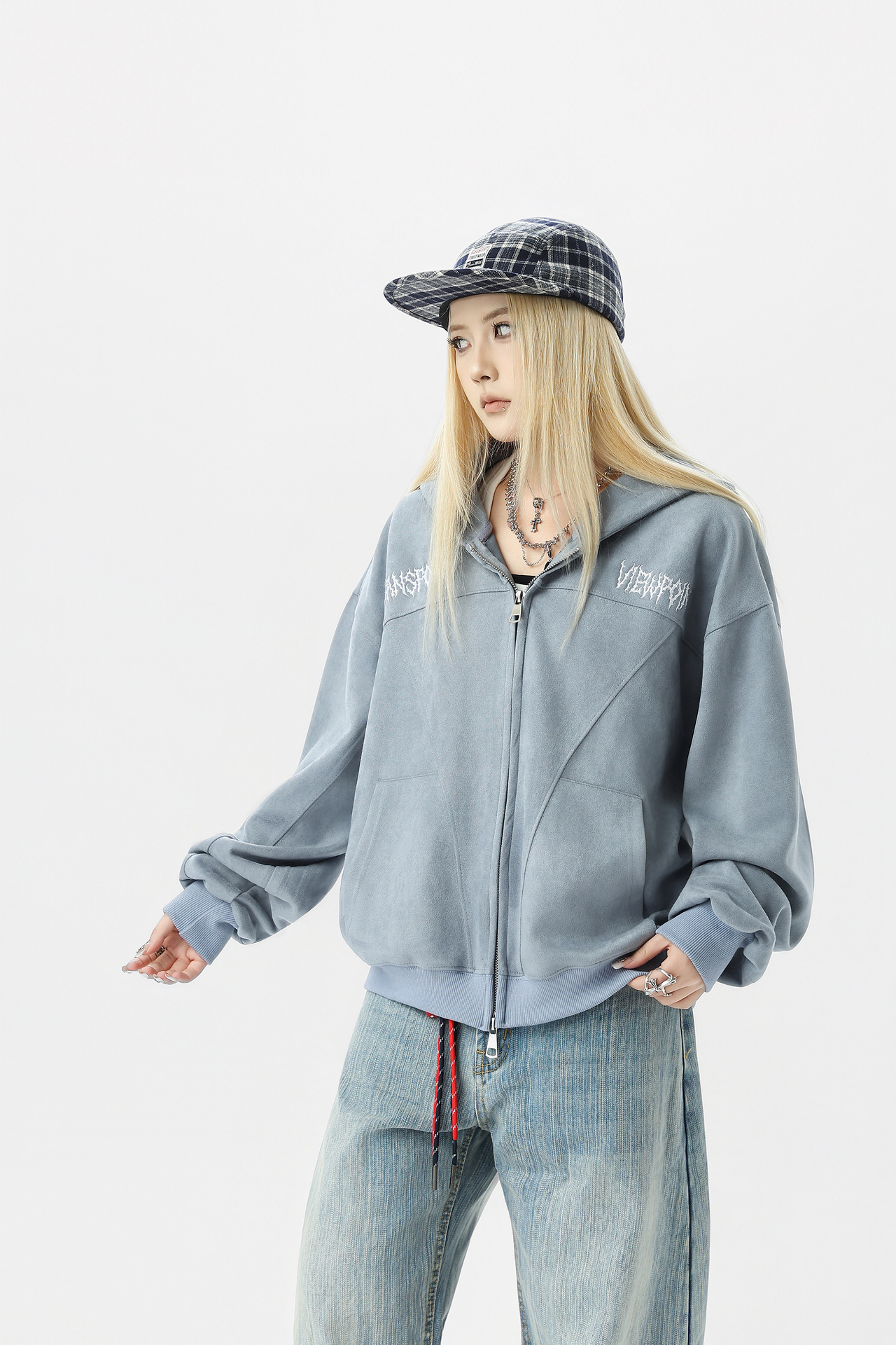 Retro Color-Block Letter Print Hooded Zip-Up Sweater