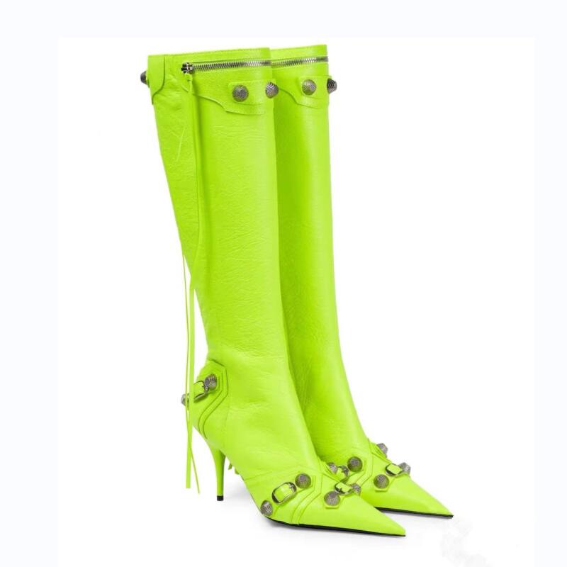 Women's Autumn and Winter Pointed Toe Metal Buckle Zipper Knee Boots Stiletto Rivet High Heels Luxury Shoes