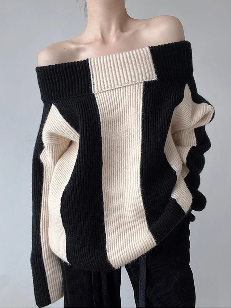Ladies Oversized Two-Tone Asymmetric Acrylic Sweater