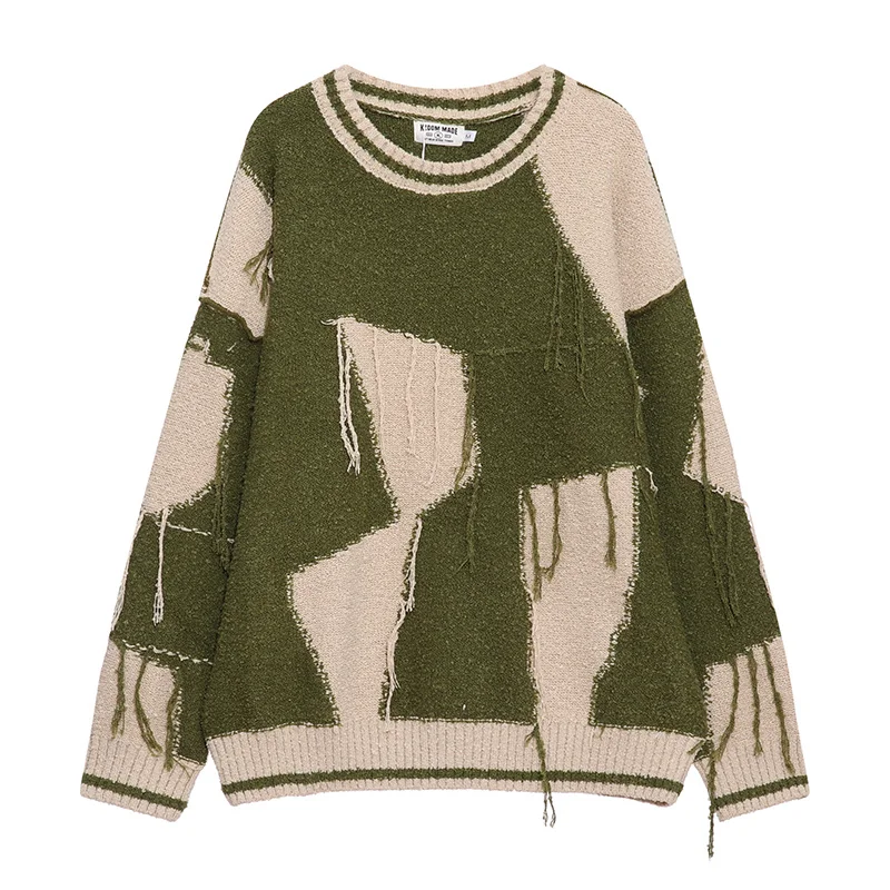 Ladies Long-Sleeved Round Neck Fringe Two-Tone Sweater