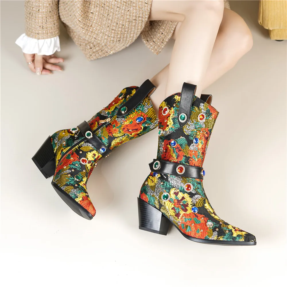 New Arrival Ethnographic Style Women Cow Leather Mid Calf Boots Pointed Toe Thick Heels Crystal