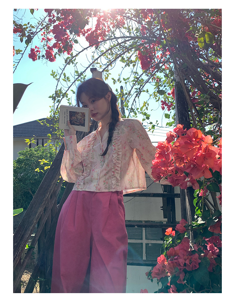 V-Neck Long Sleeve Girlfriend Fragmented Flowers Shirt