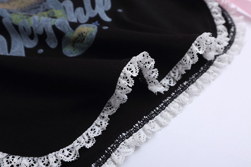 Sweet Printed Short Sleeve T-Shirt with Lace Trim Crop Top