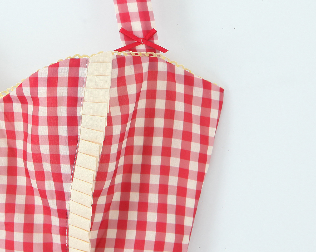 Sweet Red Plaid Single-Breasted Heart Pocket Halter Mini Dress
