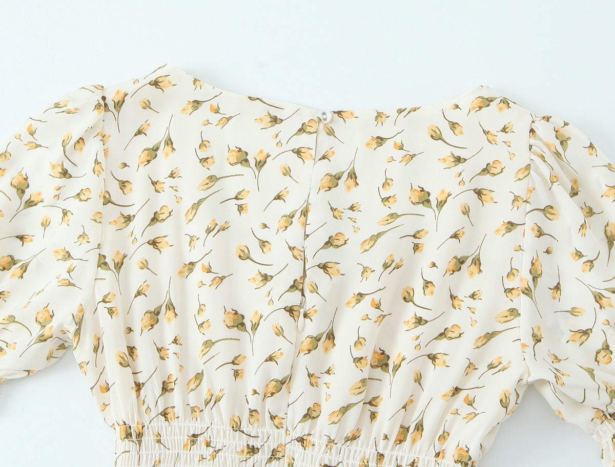 Floral Print Square Neck Tie-Waist Bubble Sleeve Dress