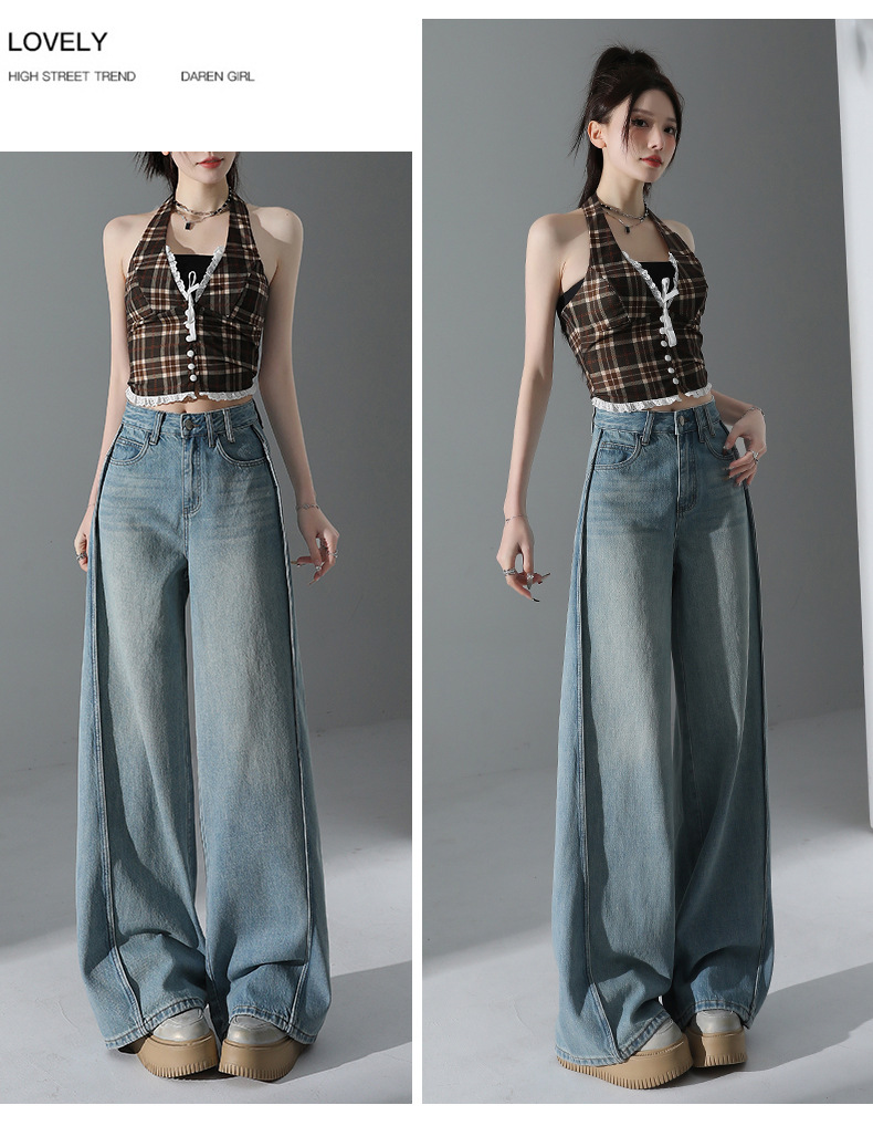 Light Blue Tencel Wide-Leg Jeans Women High-Waist Loose Straight Floor-Length Pants Summer Thin Style