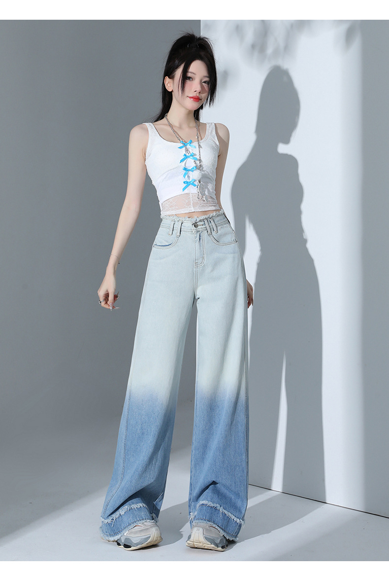 Tencel Gradient Blue Straight Jeans Women Vintage Frayed Design High Waist Drape Wide Leg Pants