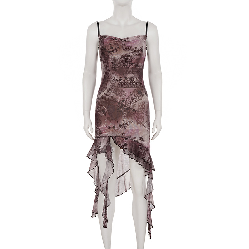 Vintage Print Irregular Hem Lace-Up Mesh Dress with Ruffle Edge and Strapless Design