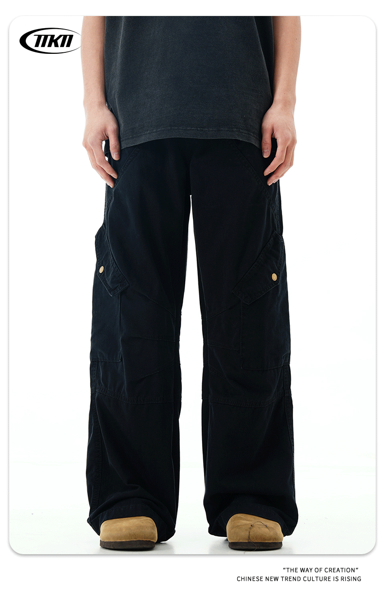 Work Pants with Adjustable Waistband and Large Pockets - Straight Leg Casual Trousers