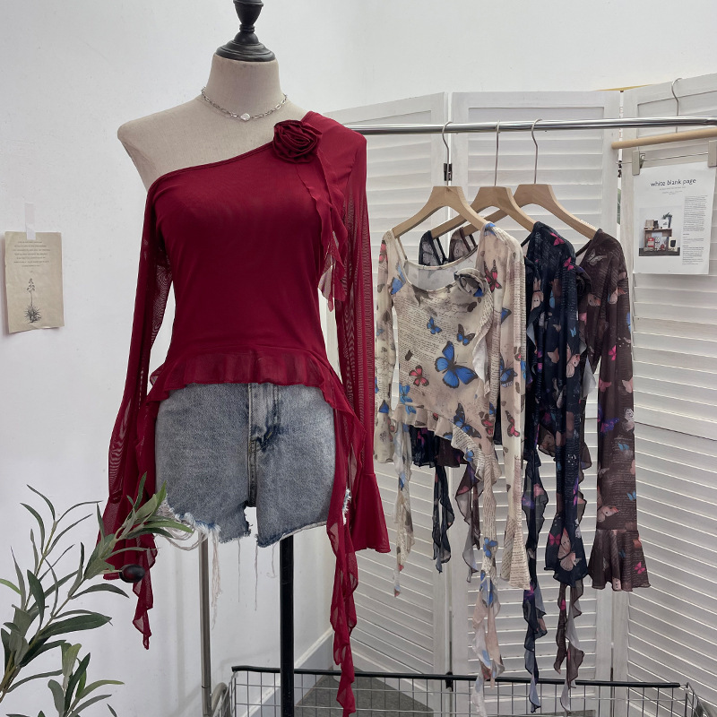 Asymmetric Pointed Floral Off-Shoulder Full Sleeve Top