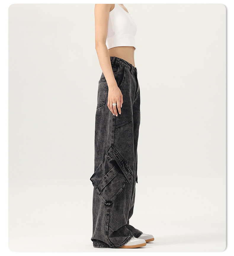 Women's Black and Gray Washed Denim Pants Summer Irregular Wide-Leg Trousers