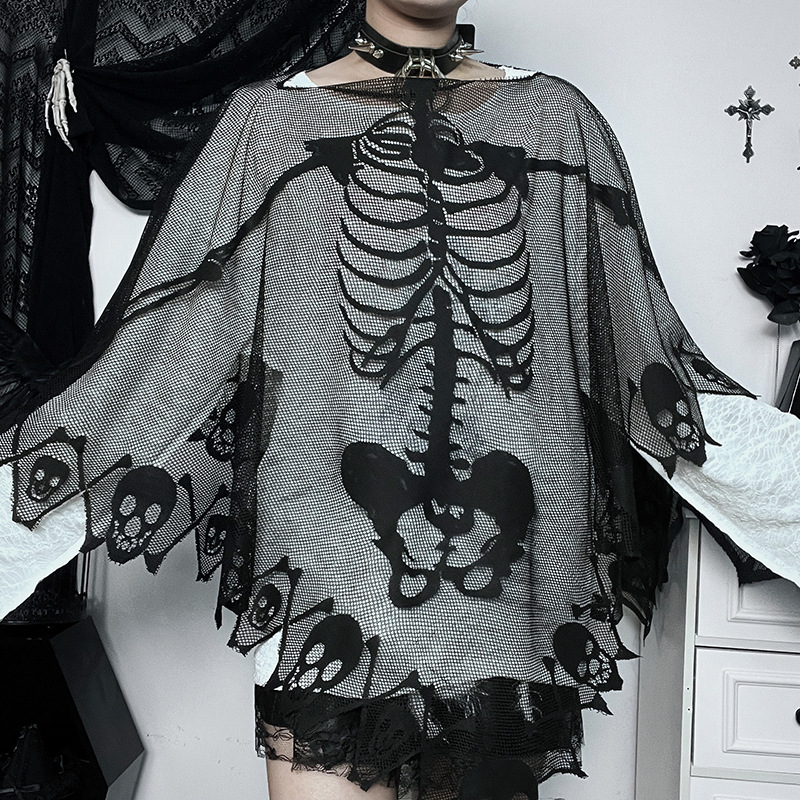 Sexy One-Shoulder Skeleton Print Cape