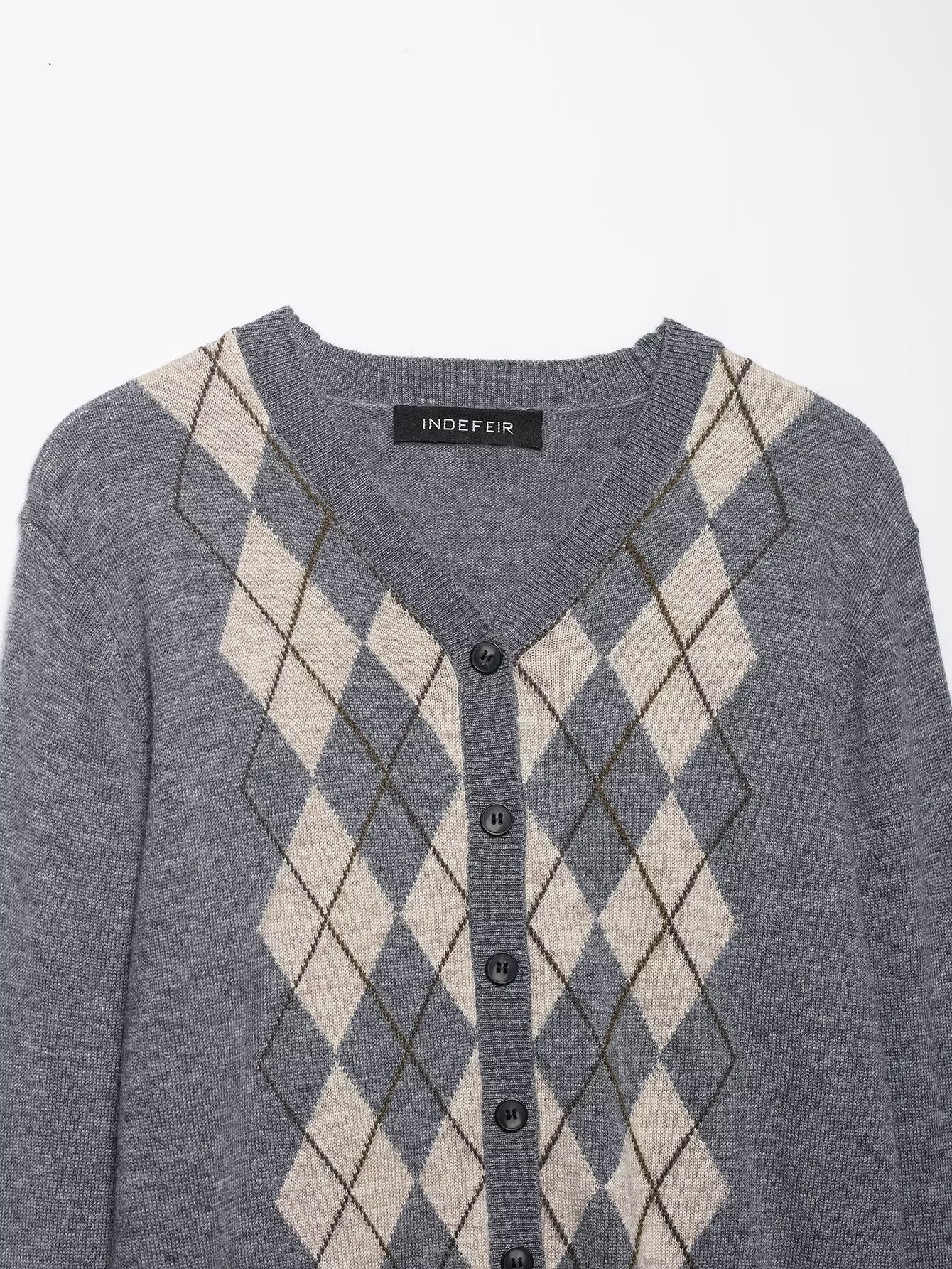 Crew Neck Button Front Geometric Print Polyester Sweater