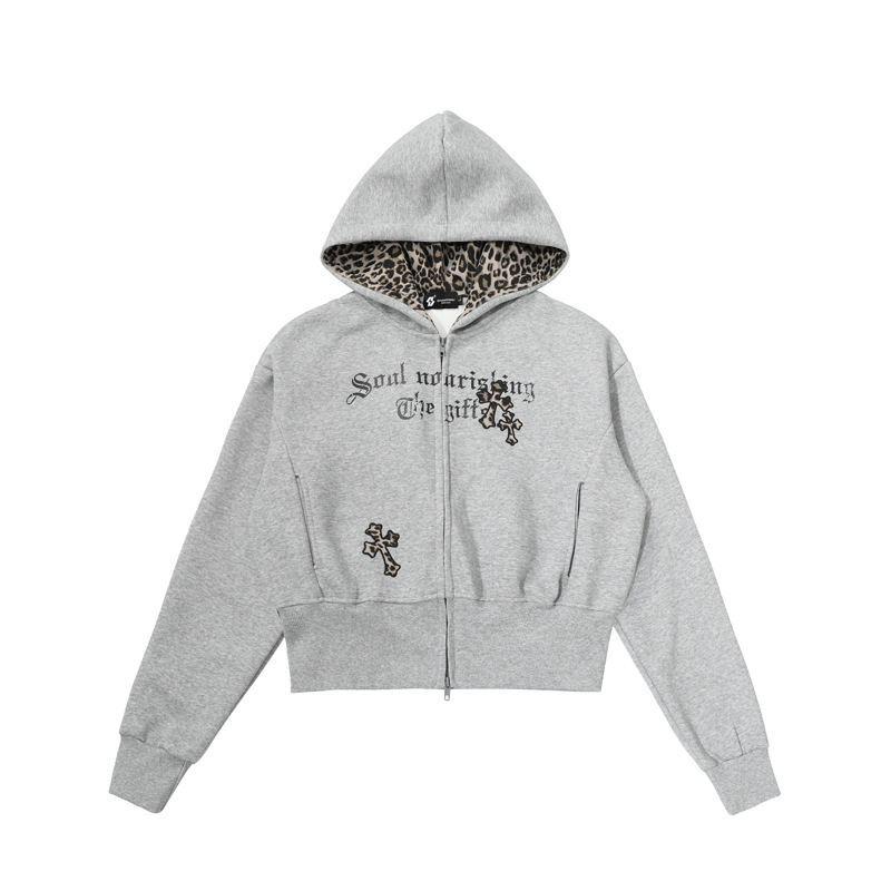 Crop Cheetah Stitch Panel Hood Jacket