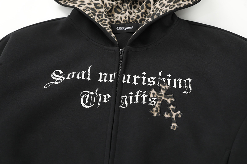 Crop Cheetah Stitch Panel Hood Jacket
