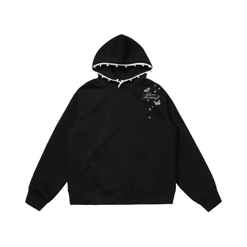 Street Style Letter Beaded Hoodie, Unisex Loose Casual Hooded Sweatshirt