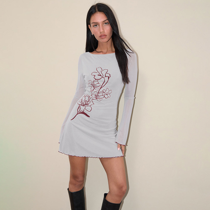 Crewneck Mid-Waist Polyester Patterned Full Sleeve Short Dress