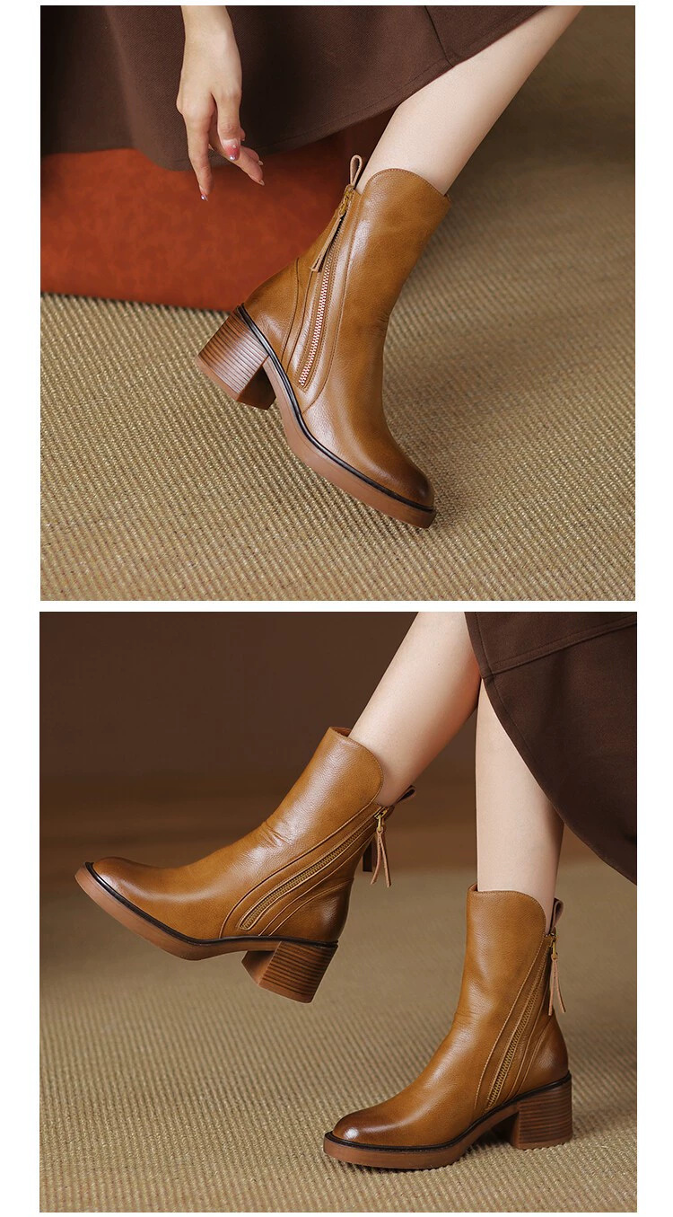 Round headed double zipper thick heel sponge bottom brown retro Martin boots for women