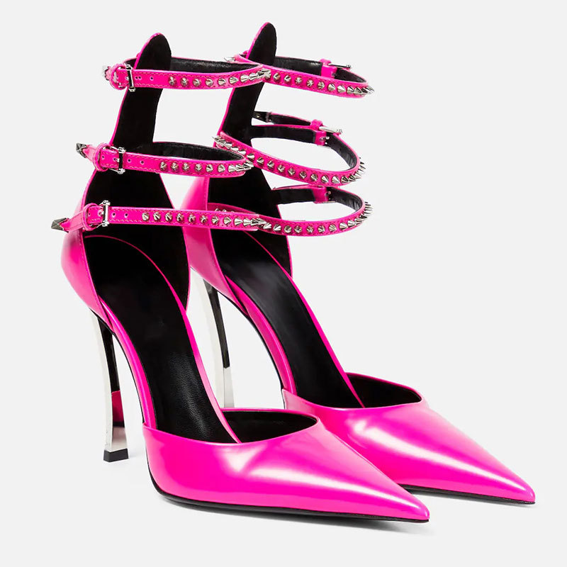 High Heel Pointed Hollow Lacquer Leather Rivet Shallow Cut Baotou Sandals Large Womens Singles