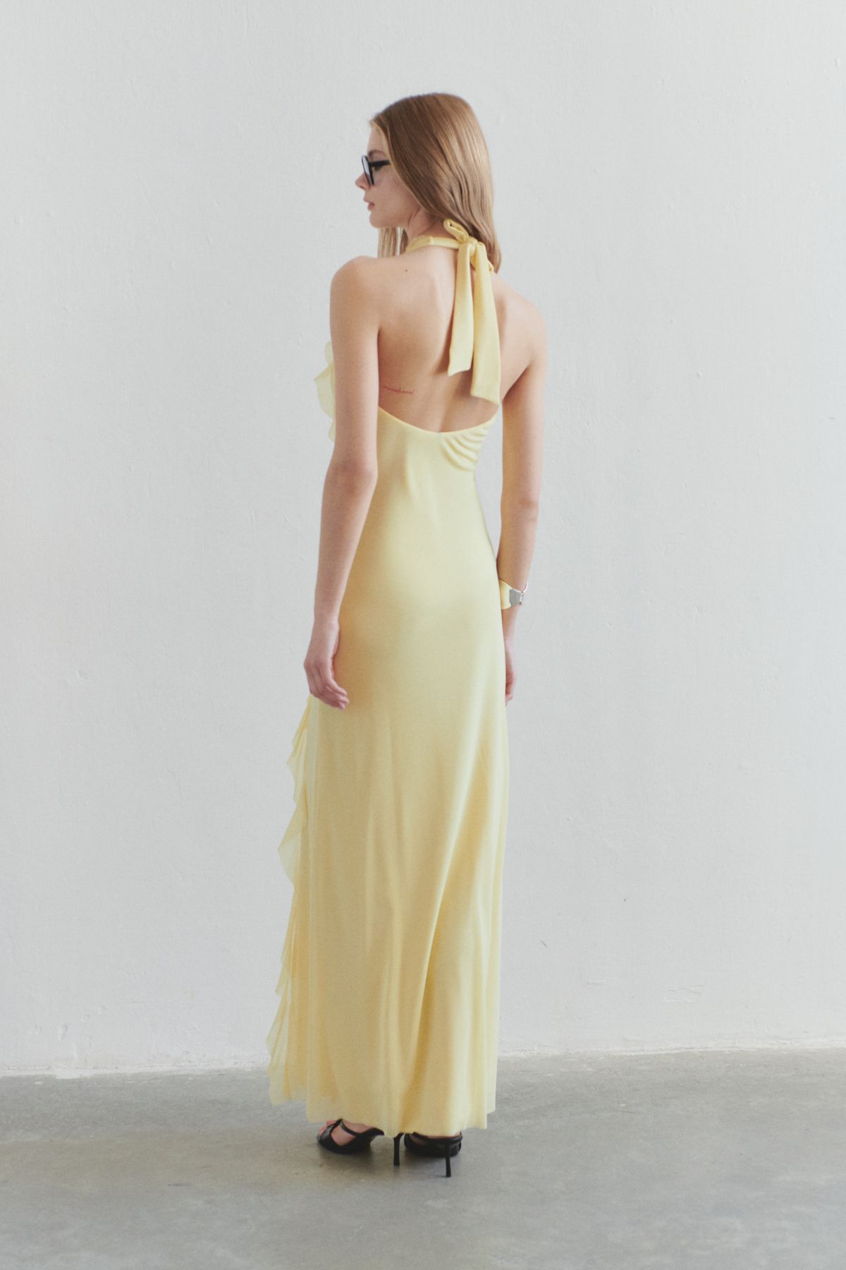 Yellow Solid Color Strapless Sexy Backless Lace High-Grade Dress Long Dress